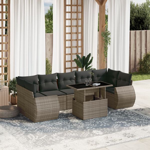 vidaXL Garden Sofa Set Grey PE rattan, powder-coated steel, tempered glass