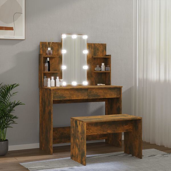 vidaXL Dressing Table Set With LED Smoked oak Engineered wood, acrylic
