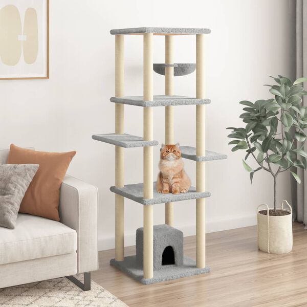 vidaXL Cat Tree Light Grey Engineered Wood, Plush, Sisal Large Durable