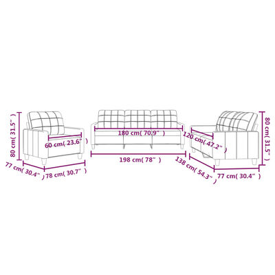 Dimension diagram of a three-piece sofa set with measurements in centimeters.