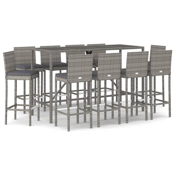 vidaXL 11 Piece Patio Bar Set with Cushions Gray Poly Rattan