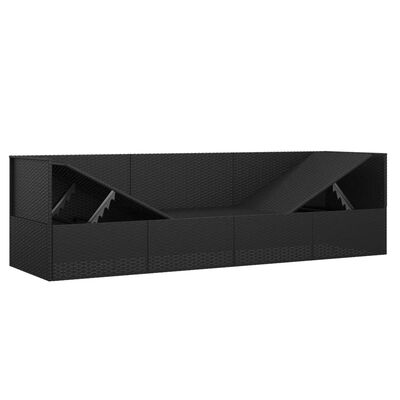 Back side of a black wicker sofa showing internal stairs-like structure