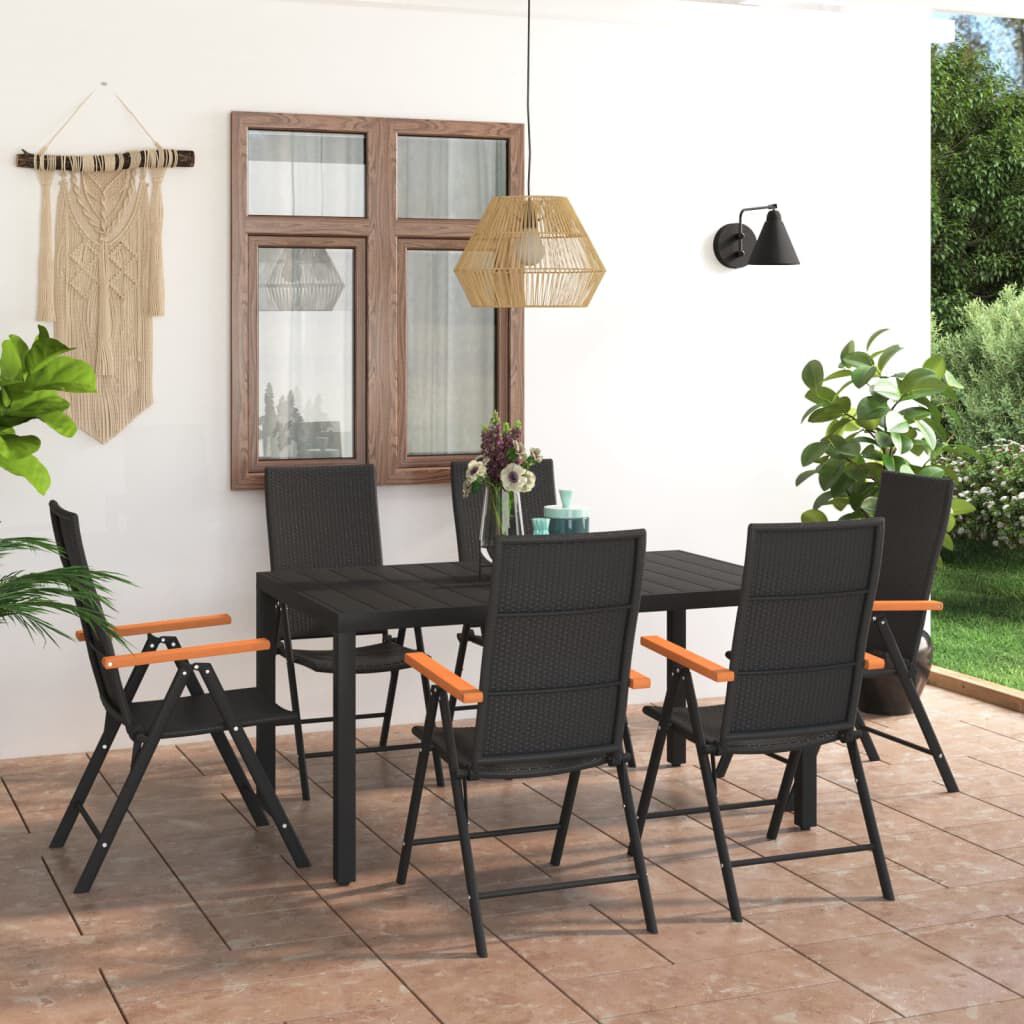vidaXL Dining Set Black and Brown WPC, Aluminum, PE Rattan 7 Piece Set