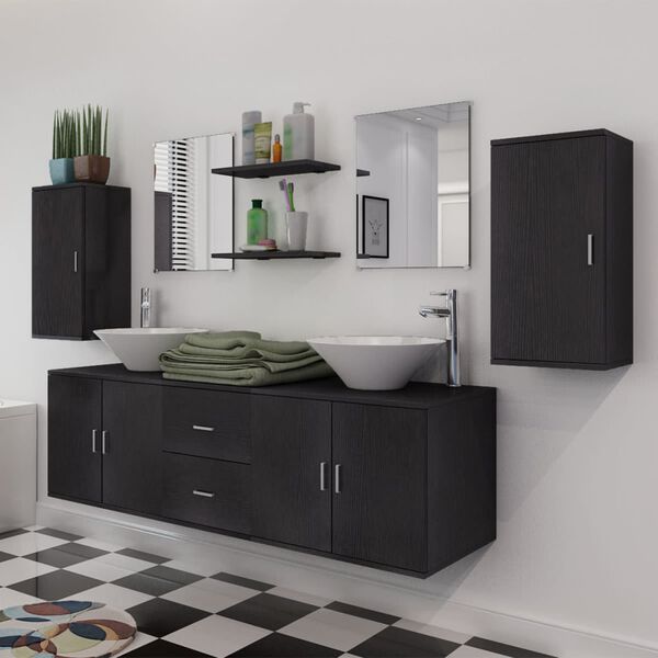 vidaXL Bathroom Cabinet Black Engineered wood and ceramic Large