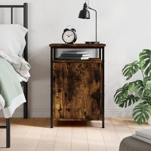 vidaXL Bedside Cabinet Smoked Oak Engineered Wood, Iron Compact