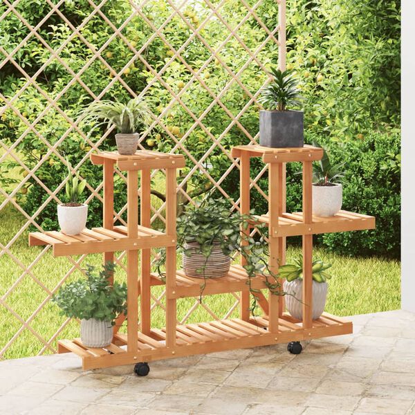 vidaXL Flower Stand With Wheels Natural Wood Solid Fir Wood Standard
