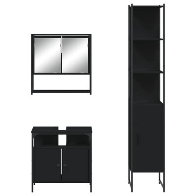 Mirror wall cabinet and a tall cabinet with a separate vanity unit and lower cabinet from a black bathroom furniture set.