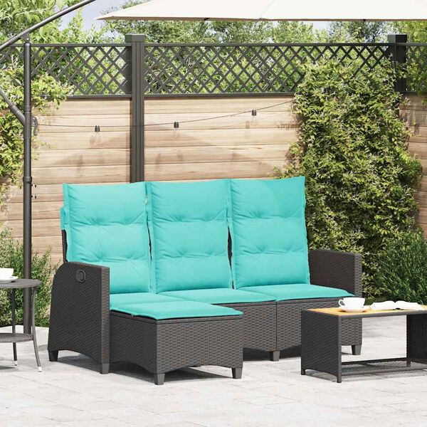 vidaXL Reclining Patio Sofa with Cushions L-shaped Black Poly Rattan