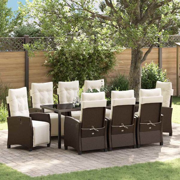 vidaXL Garden Dining Set with Cushion 9 pcs Brown Poly Rattan