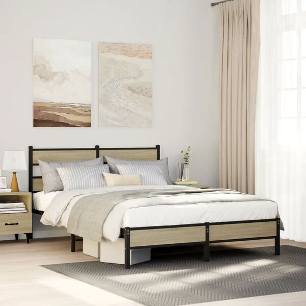 vidaXL Bed Frame Sonoma oak Steel, Engineered wood Full Bed Frame