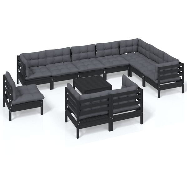 vidaXL Garden Lounge Set Black, Anthracite Solid Pine Wood, Polyester Fabric