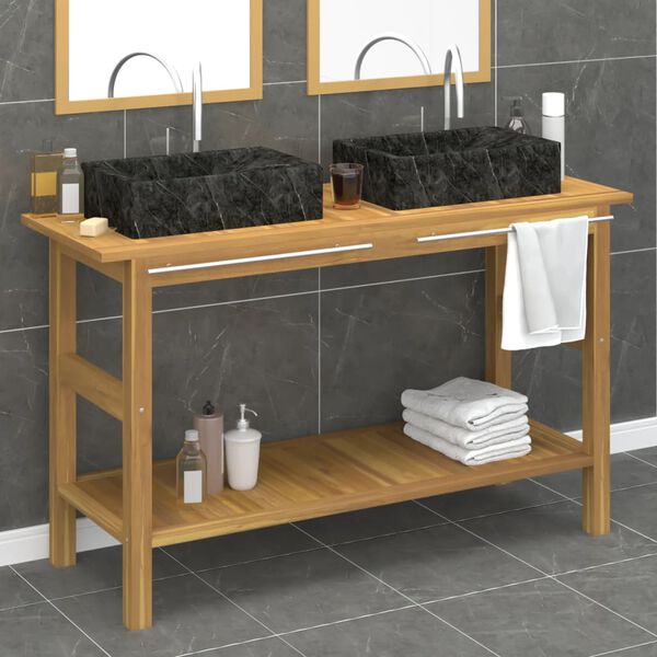 vidaXL Vanity Cabinet With Sink Teak and Black Teak Wood, Marble, Seagrass