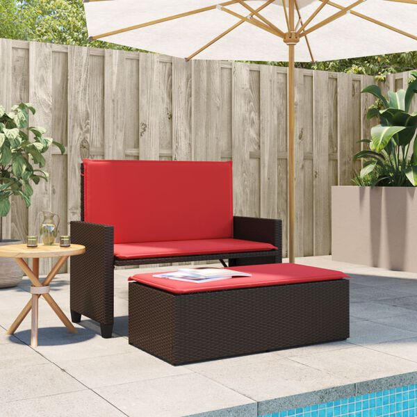 vidaXL Patio Bench with Cushions and Footstool Brown Poly Rattan