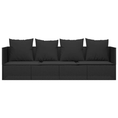 A dark wicker outdoor sofa with six black cushions, three seat sections, and armrests on both ends.