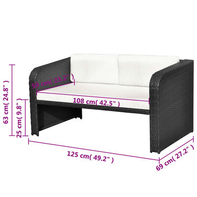 Sofa with dimensions overlaid in pink: width 108 cm, height 63 cm, depth 69 cm, seating area 125 cm.