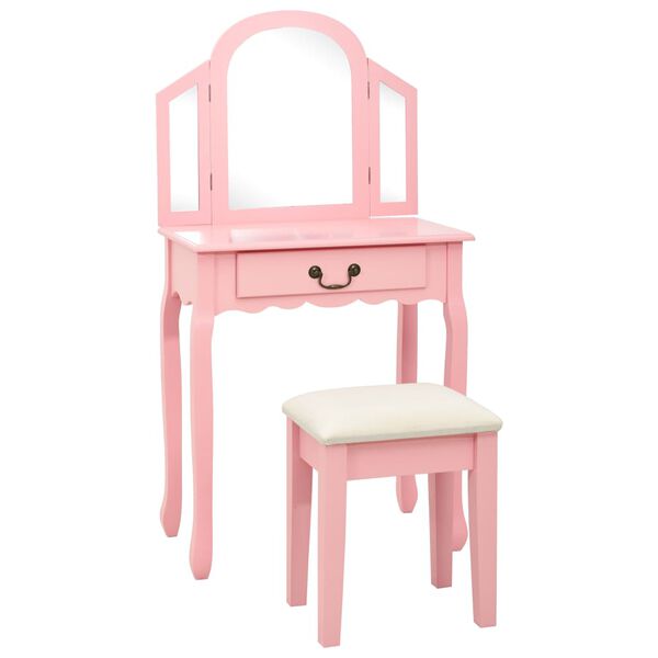 vidaXL Dressing Table with Stool Pink 25.6x14.2x50.4" Paulownia Wood MDF