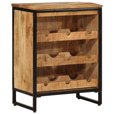 Wine cabinet with wooden shelves and black metal frame, glass front.