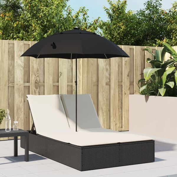 vidaXL Double Sun Lounger with Cushions&Parasol Black Poly Rattan