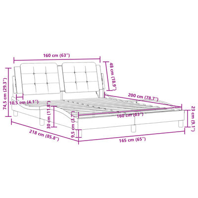Dimensional diagram of bed with measurements in cm, showing length, width, and height