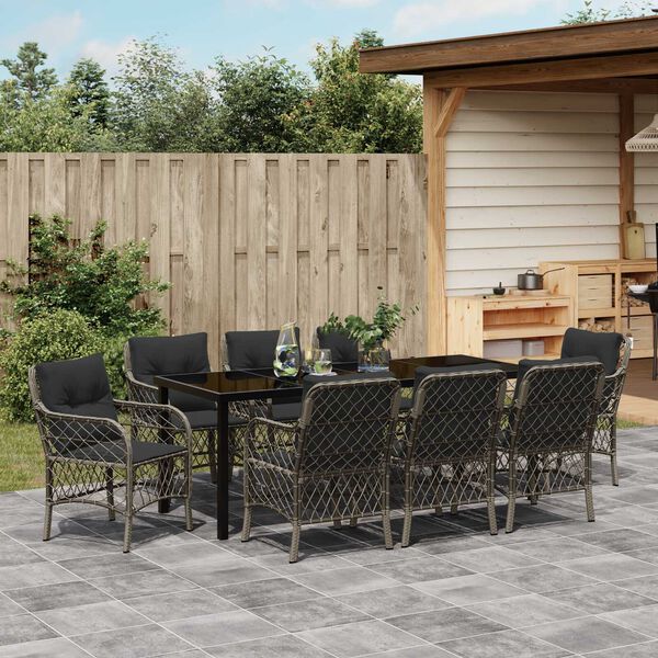 vidaXL Garden Dining Set with Cushion 9 pcs Grey Poly Rattan