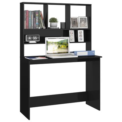 vidaXL Desk with Shelves High Gloss Black 43.3" x 17.7" x 61.8" Engineered Wood
