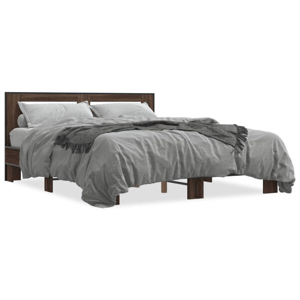 vidaXL Bed Frame Brown Oak Engineered Wood, Plywood, Metal Double Bed