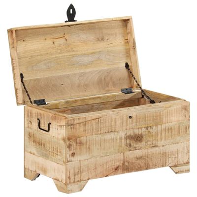 Open wooden trunk showing interior and lid supported by hinges