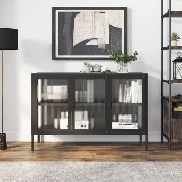 vidaXL Sideboard Black Powder-Coated Steel, Fluted Glass Medium