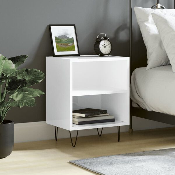 vidaXL Bedside Cabinet High gloss white Engineered wood, iron