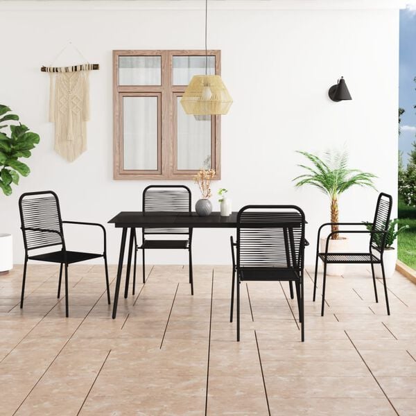 vidaXL Dining Set Black Cotton Rope, Powder-Coated Steel, Tempered Glass