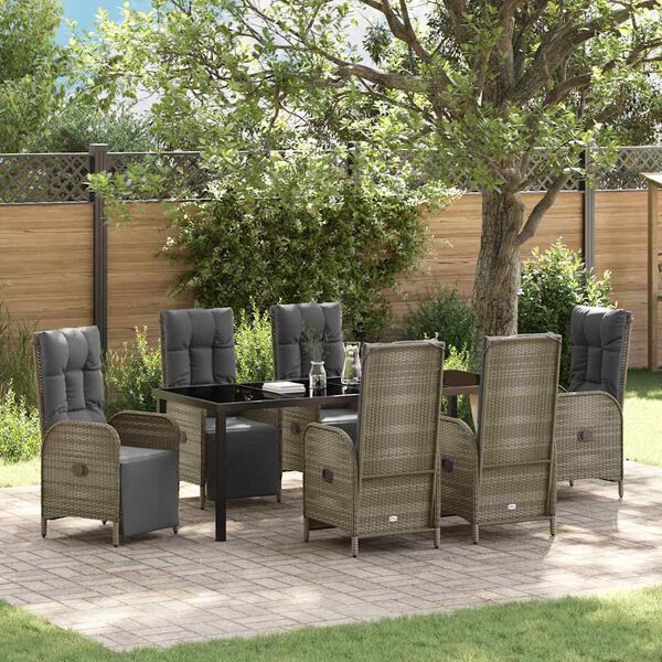 vidaXL Garden Dining Set with Cushion 7 pcs Grey Poly Rattan