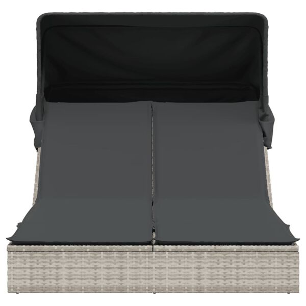 vidaXL Double Sun Lounger with Canopy and Cushions Light Grey Poly Rattan