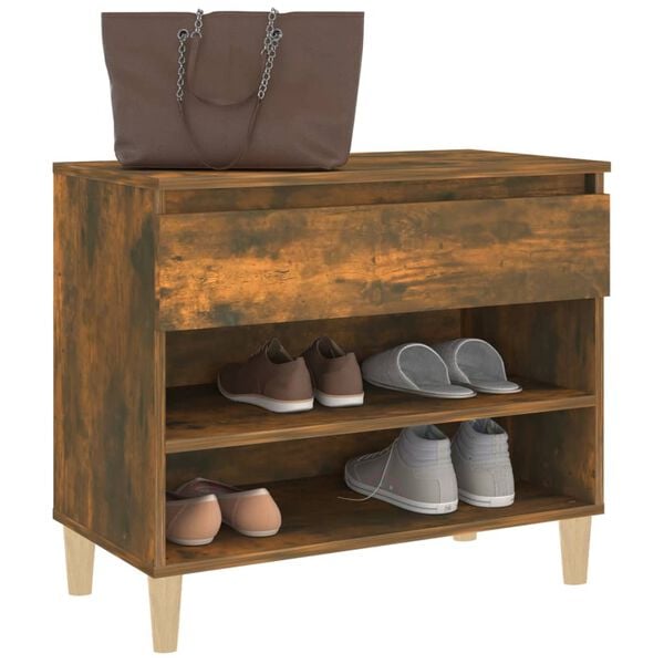 vidaXL Shoe Cabinet Smoked Oak Engineered Wood, Solid Eucalyptus Wood