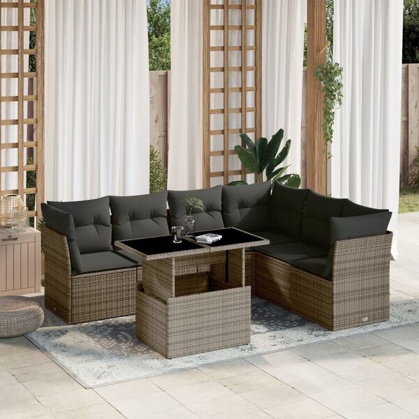 vidaXL Garden Sofa Set Grey PE rattan, powder-coated steel, tempered glass