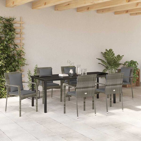 vidaXL Garden Dining Set with Cushion 7 pcs Grey Poly Rattan