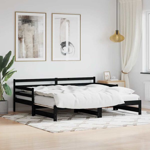vidaXL Daybed With Trundle Black Solid Pine Wood 35.4 x 78.7 in