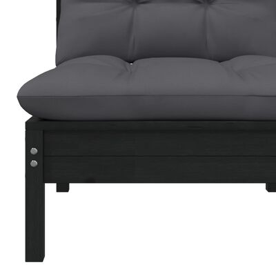 vidaXL Patio Middle Sofa with Cushions Black Solid Pinewood