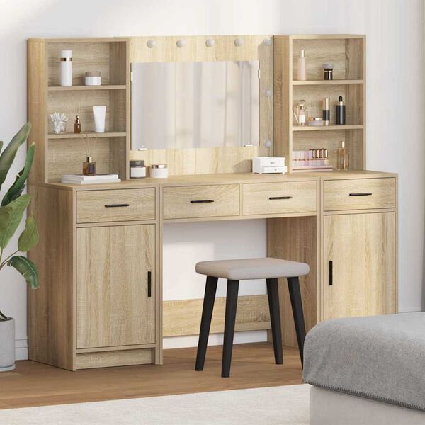 vidaXL Dressing Table Set with LED 3 pcs Sonoma Oak Engineered Wood
