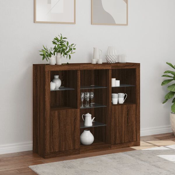 vidaXL Sideboard Set of 3 Brown oak Engineered wood, glass Medium