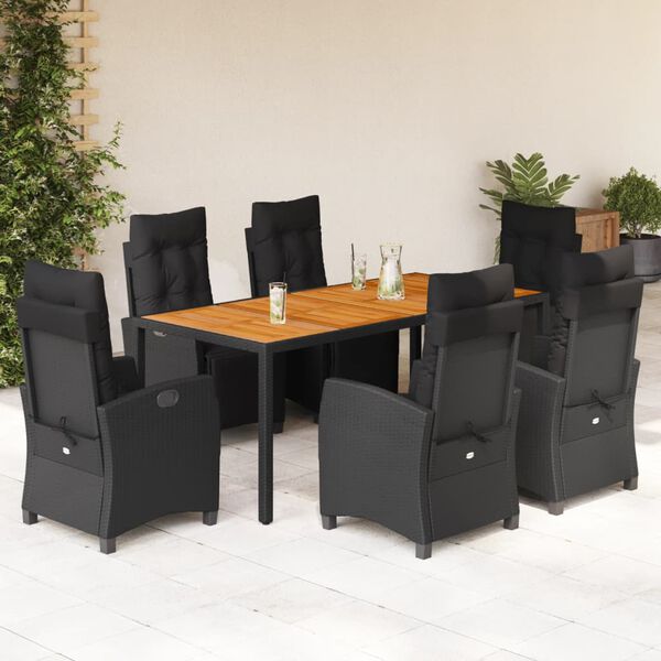 vidaXL 7 Piece Patio Dining Set with Cushions Black Poly Rattan