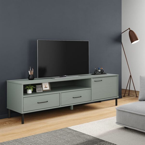 vidaXL TV Cabinet Grey Solid pine wood, metal 62.2 x 15.7 x 18.3 in