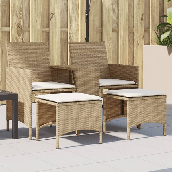 vidaXL Patio Sofa 2-Seater with Table and Stools Beige Poly Rattan