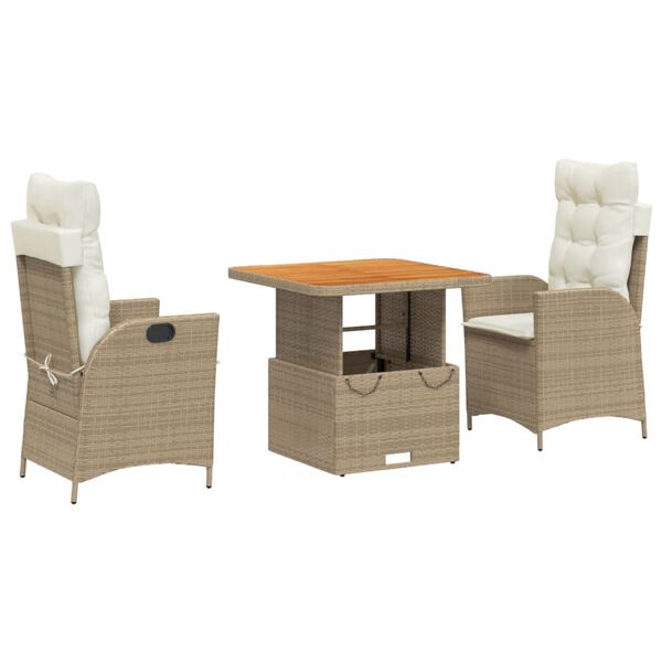 vidaXL 3 Piece Patio Dining Set with Cushions Beige Poly Rattan