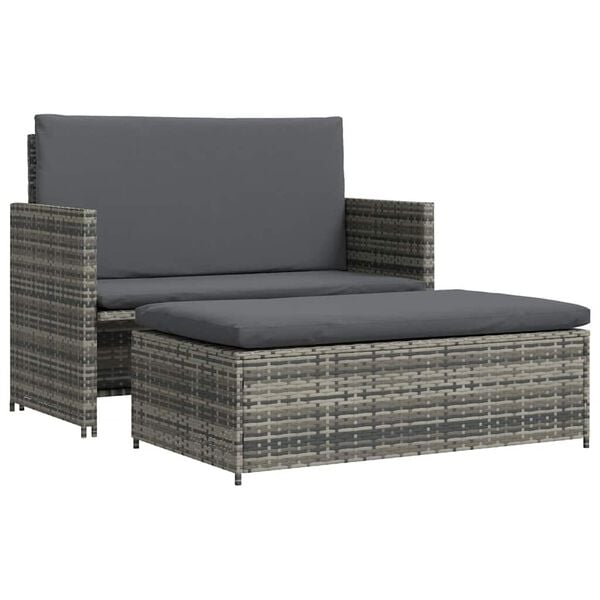 vidaXL Sofa Set Gray Poly Rattan, Powder-coated Steel, Polyester 2-seater