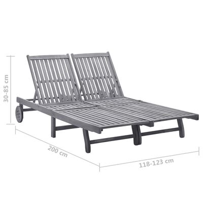 Outdoor double sunbed with adjustable backrests and dimensions markings showing length 200 cm, width 200 cm, height 30-85 cm