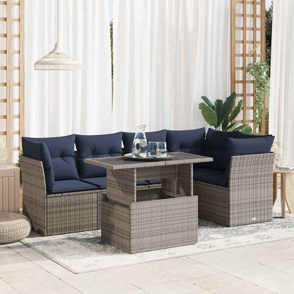vidaXL 6 Piece Patio Sofa Set with Cushions Gray Poly Rattan Acacia