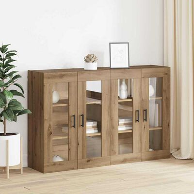 Long wooden dresser with six doors and glass panels on some, interior shelves visible