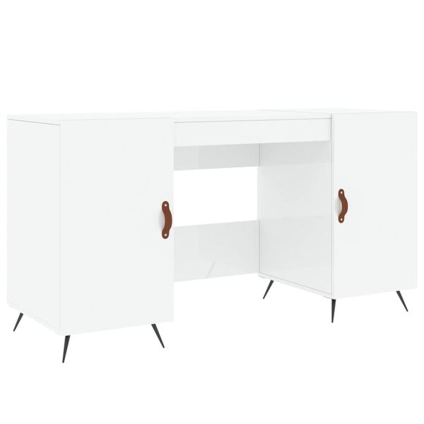 vidaXL Desk Shiny White Engineered Wood, Iron, Faux Leather Medium Desk