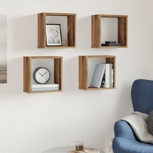 vidaXL Wall Cube Shelf Set of 4 Artisan oak Engineered wood Medium