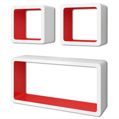 3 White-Red MDF Floating Wall Display Shelf Cubes Book/DVD Storage